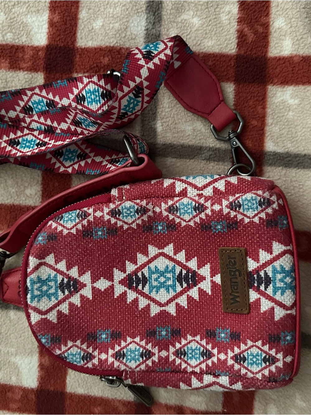 Wrangler Red Aztec-Pattern Crossbody Bag with Turquoise Accents